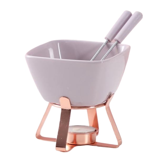 Bewildely Juego de fondue con base para olla caliente, taza de cerámica para queso y chocolate, 2 tenedores. Juego de chocolate y queso. Cocina y Comedor morado + oro rosa