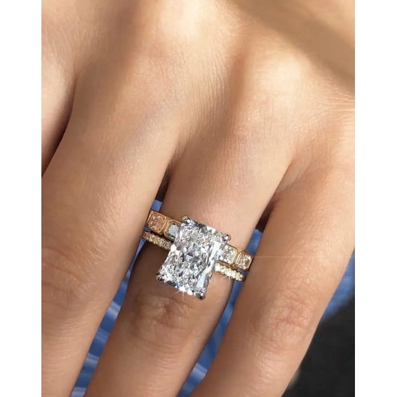 3CT Radiant Cut Lab Created Diamond Engagement Bridal Set 14k Yellow Gold Plated
