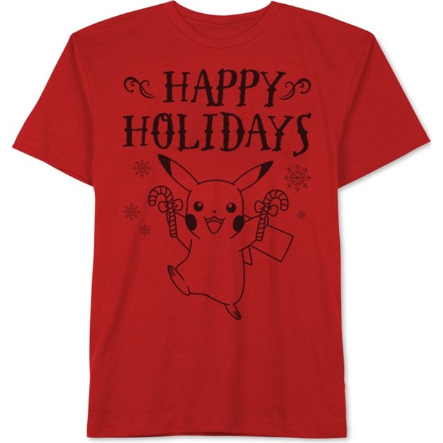 Jem Pikachu Happy Holidays - Camiseta gráfica para hombre, color rojo, grande Jem Camiseta gráfica