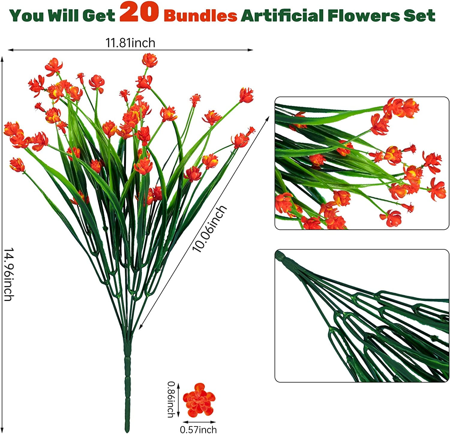 20pcs Artificial Fake Flowers,Plastic Flowers for Outdoor Decoration, UV Resistant Faux Flowers Shrubs, Artificial Plants for Indoor Outside Garden Home Wedding Farmhouse（5 Colors）