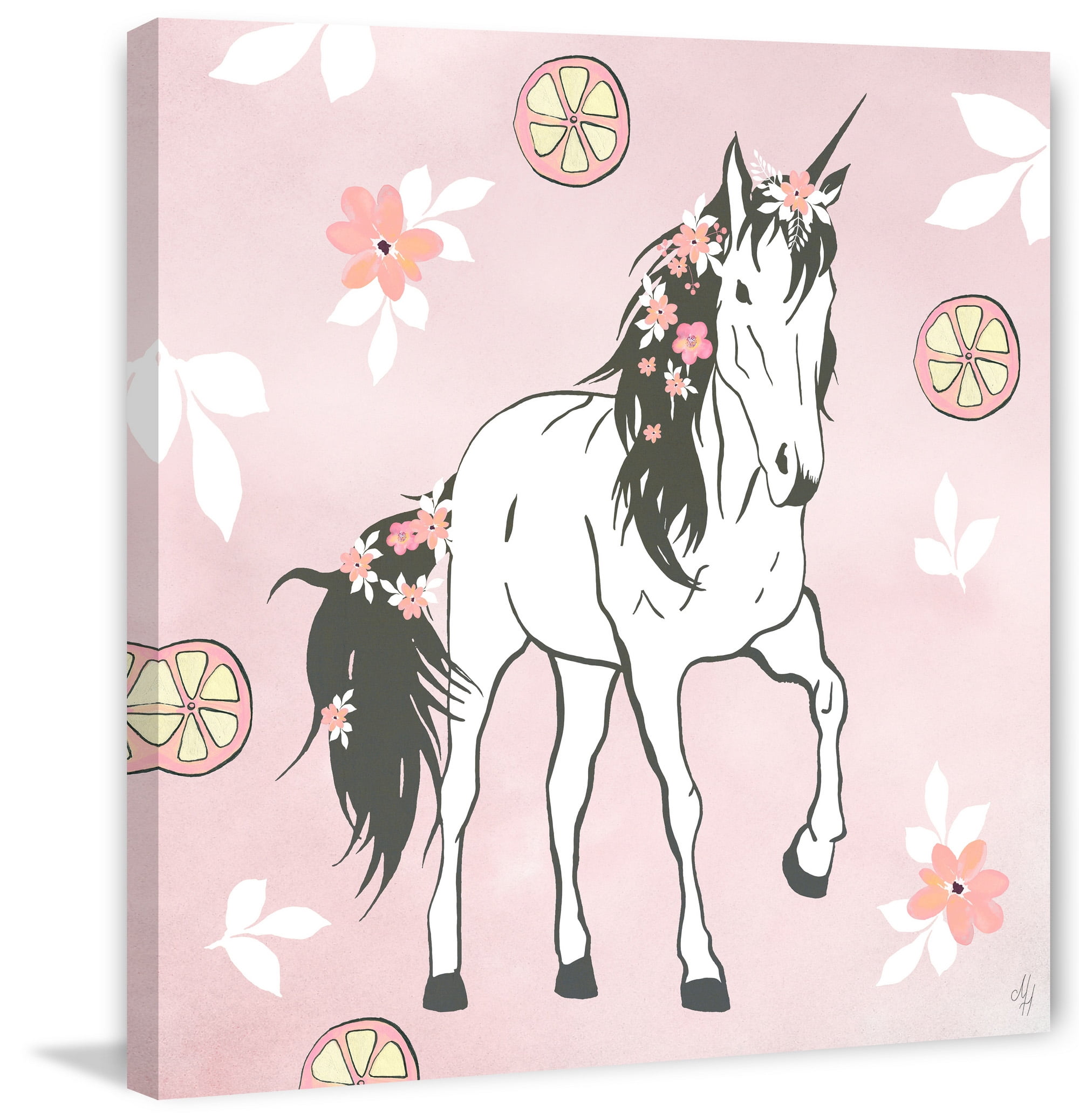 Marmont Hill Citrus Floral Unicorn Canvas Wall Art