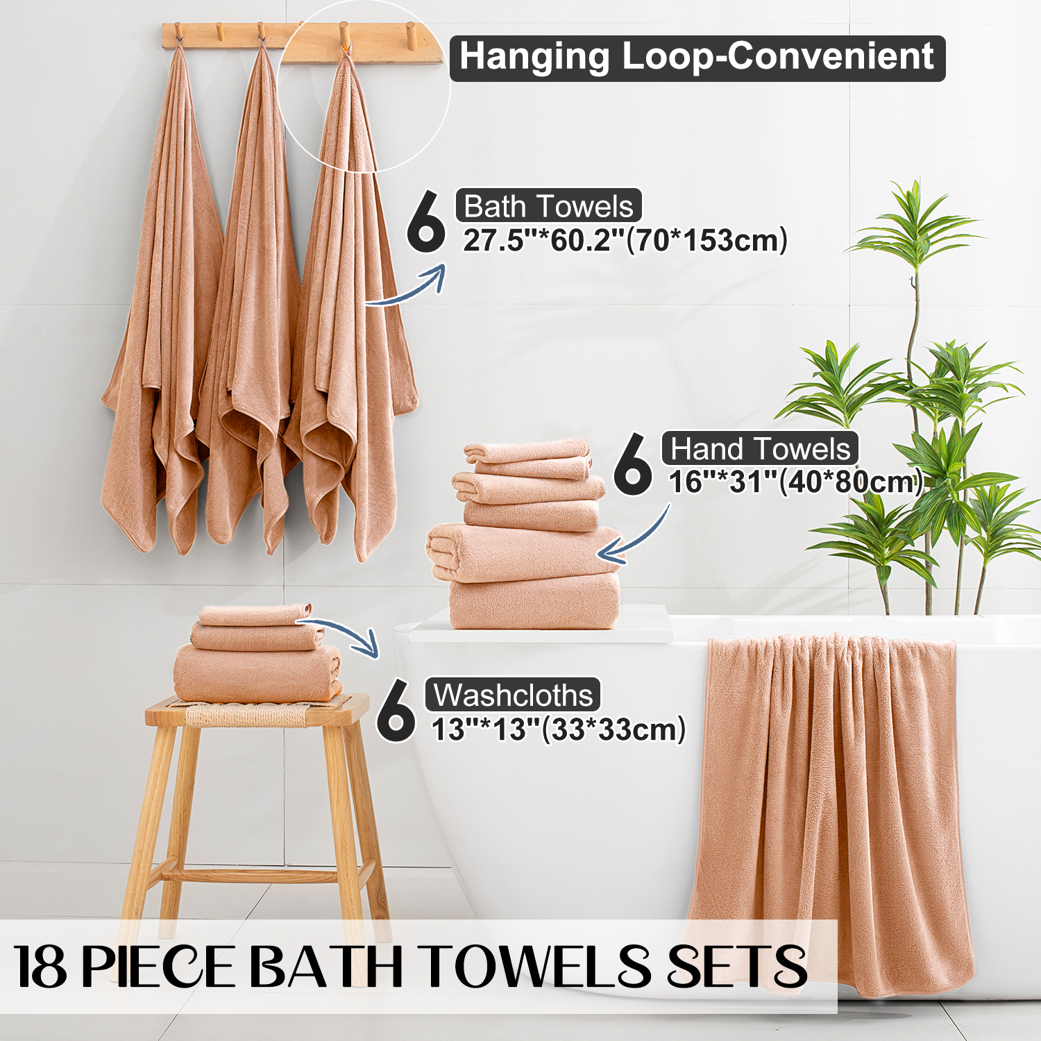 Kebury 18 Piece Family Bath Towels Set - 6 Bath Sheets, 6 Hand Towels & 6 Washcloths - Microfiber Shower Towels with Hanging Loop Absorbent Ultra Soft Towels for Bathroom Spa Gym- Dark Orange