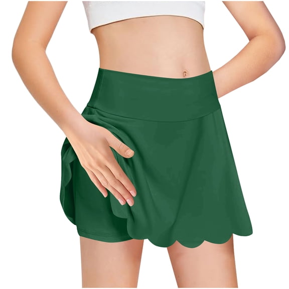 Wovilon Girls Scalloped Hem A-Line Skort with Built-in Shorts and Wide Elastic Waistband, Solid Color Activewear Skirt for School Play and Summer Daily Wear