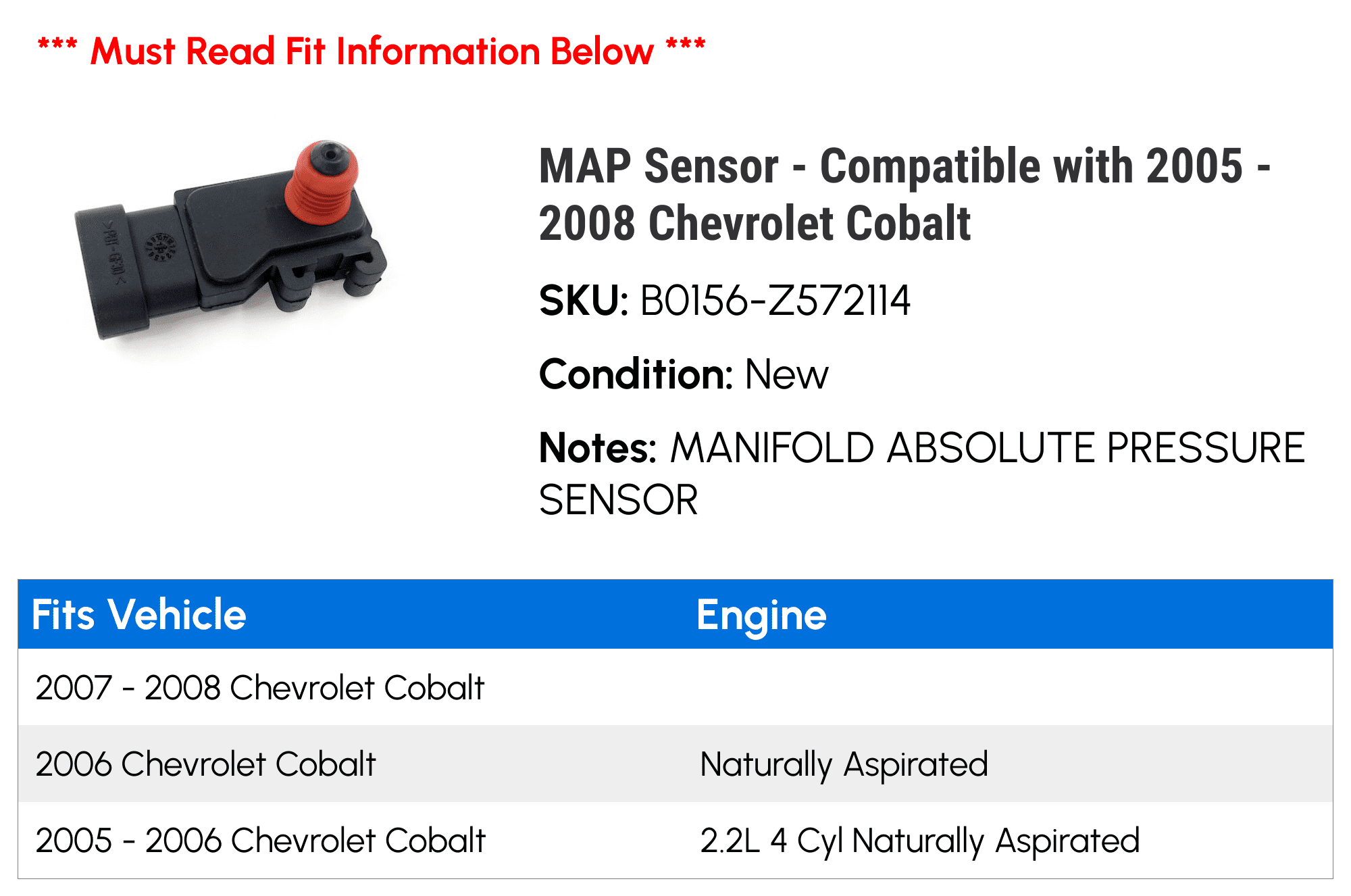 MAP Sensor - Compatible with 2005 - 2008 Chevy Cobalt 2006 2007