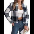 thumbnail image 1 of Chaqueta Corta A Cuadros para Mujer, Camisas de Larga con Botones y Tops Azul Marino M, 1 of 9