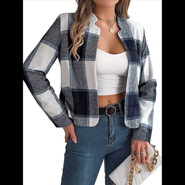 Chaqueta Corta A Cuadros para Mujer, Camisas de Larga con Botones y Tops Azul Marino M