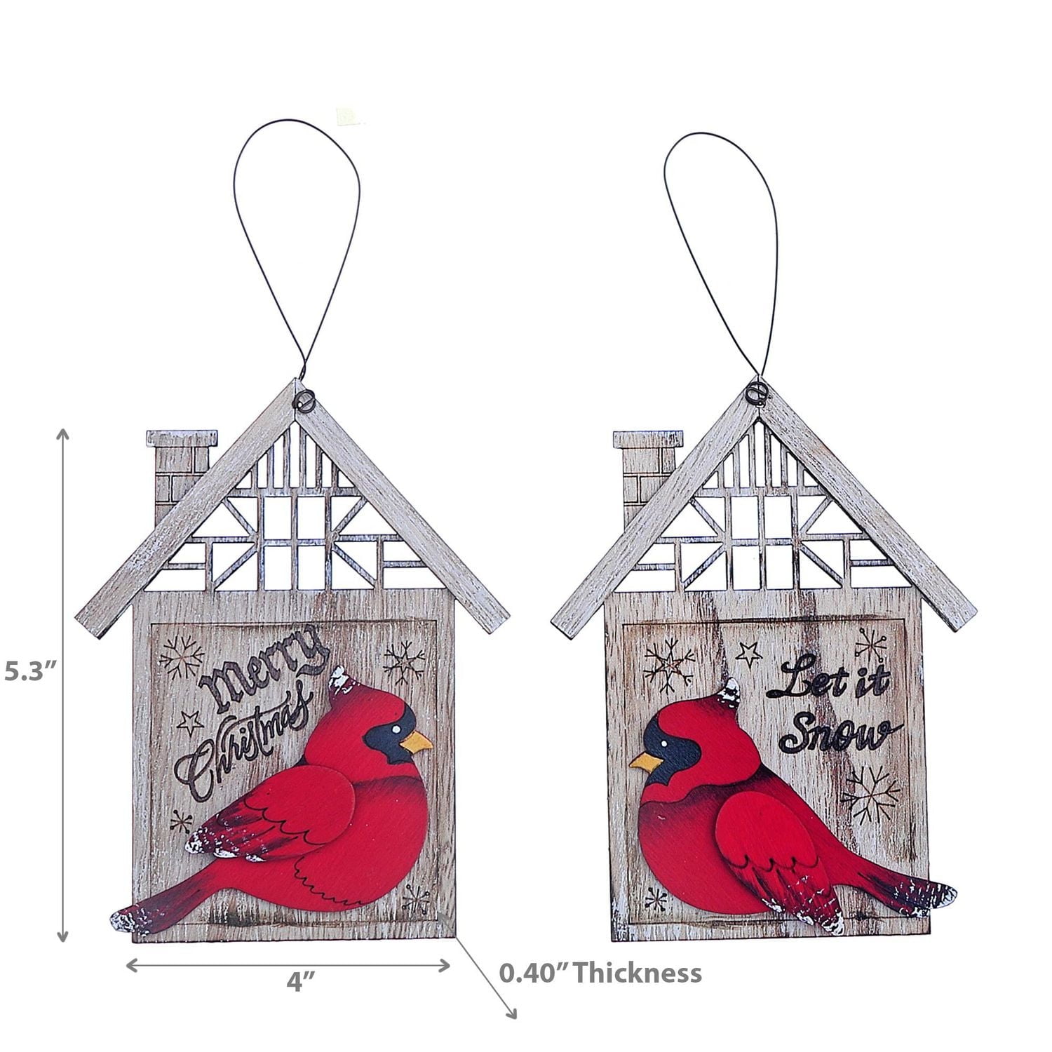 Christmas Wooden Cardinal In House Ornaments - Set of 2