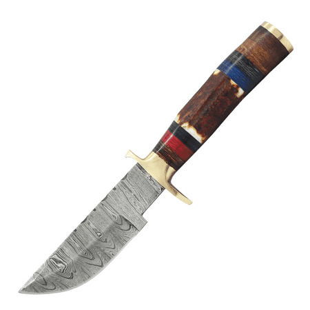TheBoneEdge 8.25 Damascus Steel Fixed Blade Hunting Survival Knife Faux Stag Handle Brass Bolster with Leather Sheath