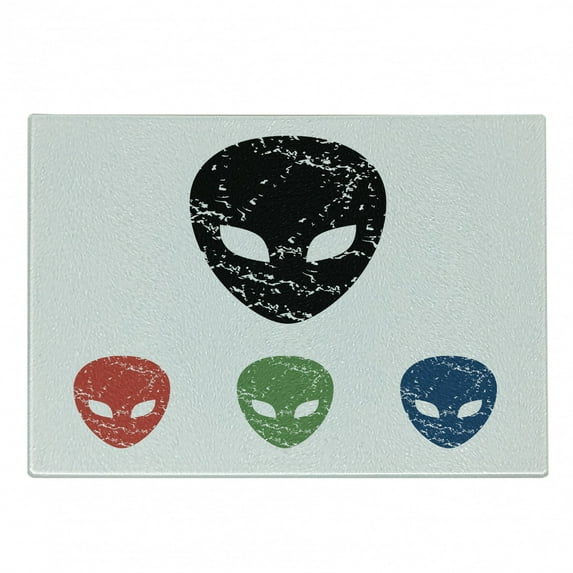 Outer Space Cutting Board, Grunge Illustration of a Surreal Alien Head with Motley Effects Threat Forms, Decorative Tempered Glass Cutting and Serving Board, Small Size, Red Green, by Ambesonne