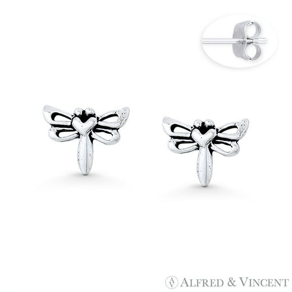 Dragonfly Insect Luck Charm 7x9mm Stud Earrings in Oxidized .925 Sterling Silver