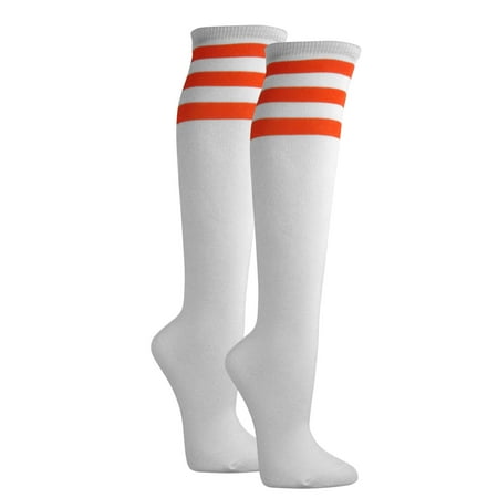 Couver White Triple Striped Knee High Fashion Casual Tube Cotton Socks  White / Dark Orange