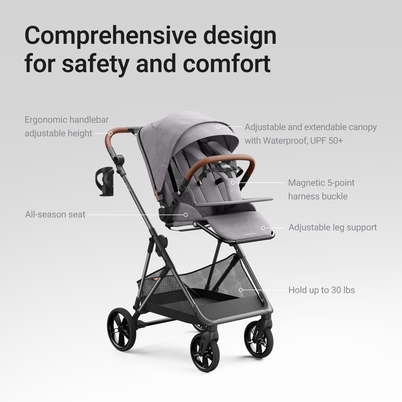 Mamazing Baby Stroller Air Lux Carbon Fiber 15.9 lbs Lightweight Compact Fold Reversible Seat with UPF 50+ Canopy for Infant Toddler