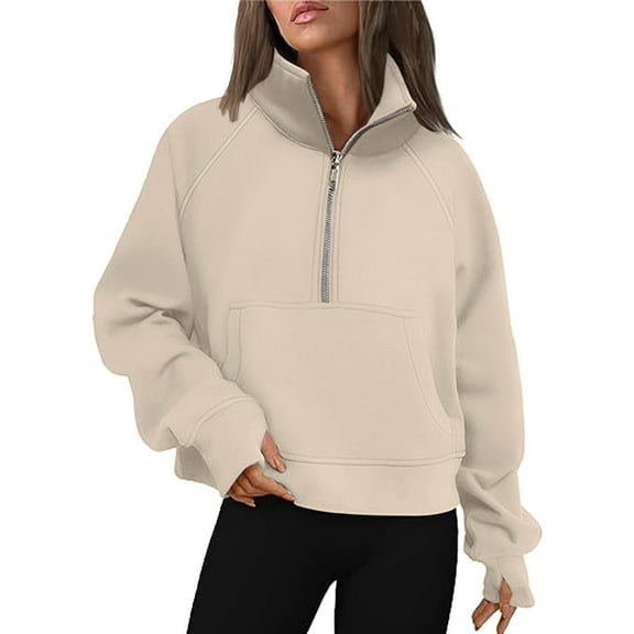 Bmisegm Womens Sweatshirts Half Zip Cropped Pullover Quarter Zipper Hoodies Fall Outfits Clothes Thumb Hole Sweatshirts for Women Beige XL