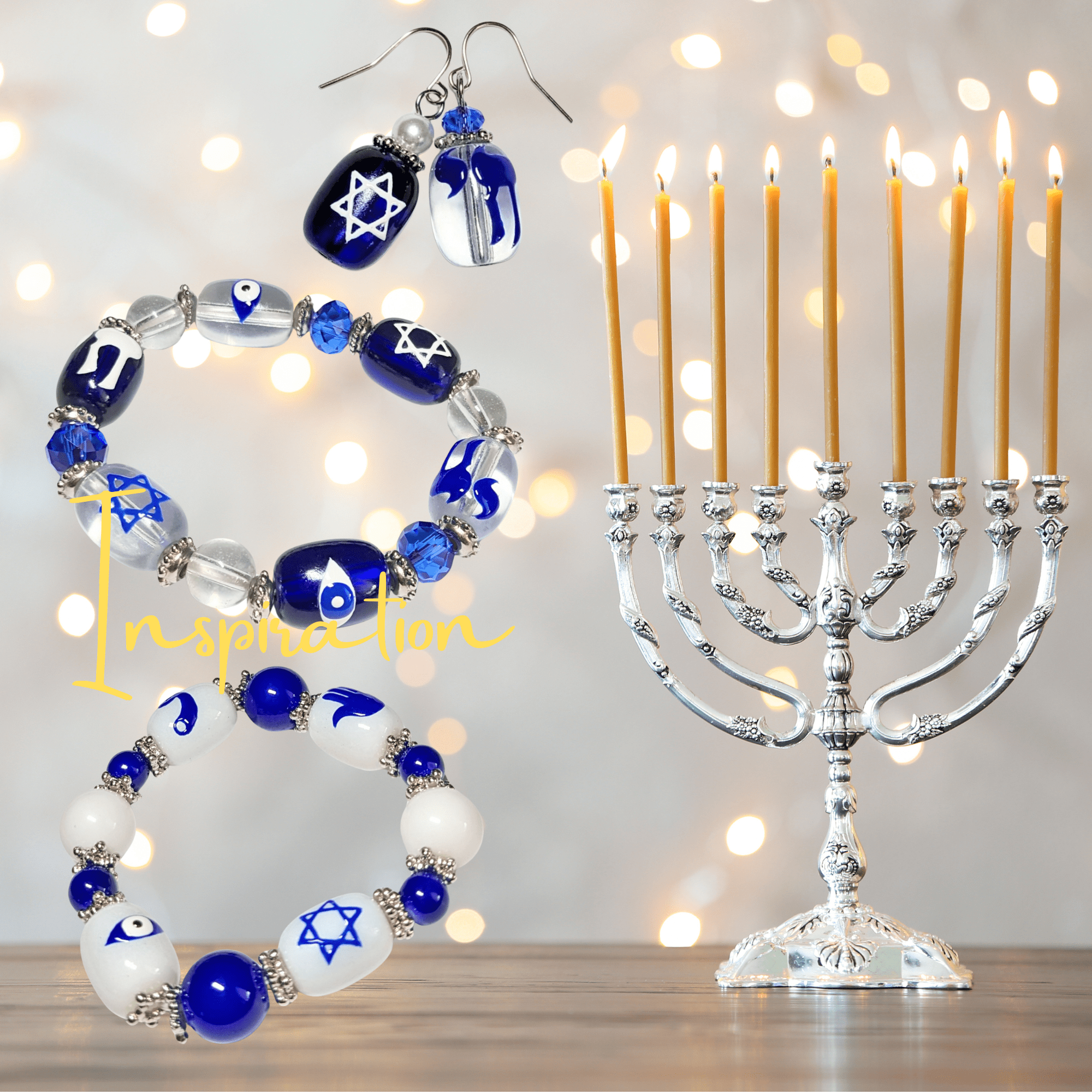 Hanukkah Glass Beads For Bracelet Making, Blue Clear Sameach Craft DIY Jewelry Supplies, Gift For Beader, 40 pcs