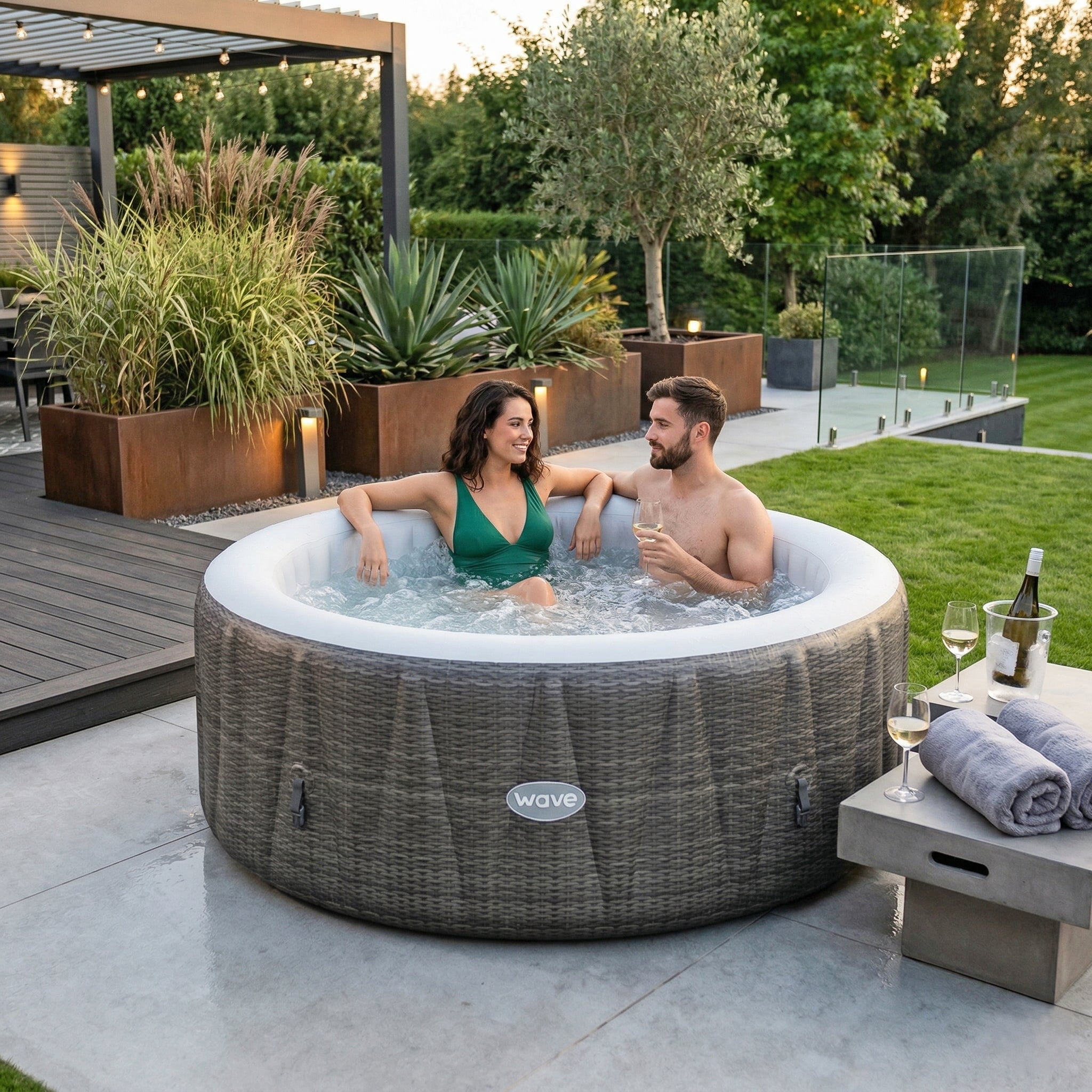 Wave Atlantic 6-Person Inflatable Hot Tub, EnergySave Bundle | 130-Jet | Brown Rattan