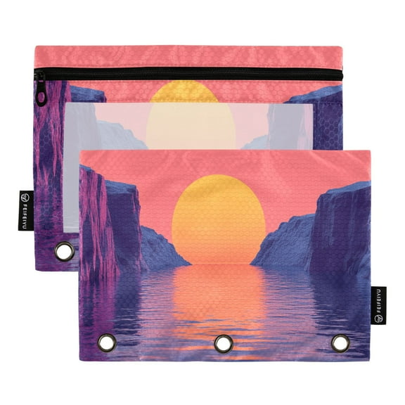 Pink Sunset over Sea 2 Pack Pencil Pouch for 3 Ring Binder Smooth Zipper Folders with Pockets Clear Window Pencil Case