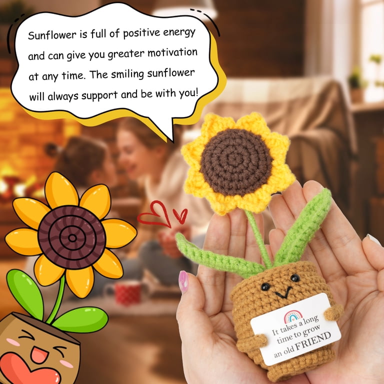 Handmade Crochet Sunflower Plushies – 2 Pack Emotional Support Flowers With Positive Card, Gift For Women