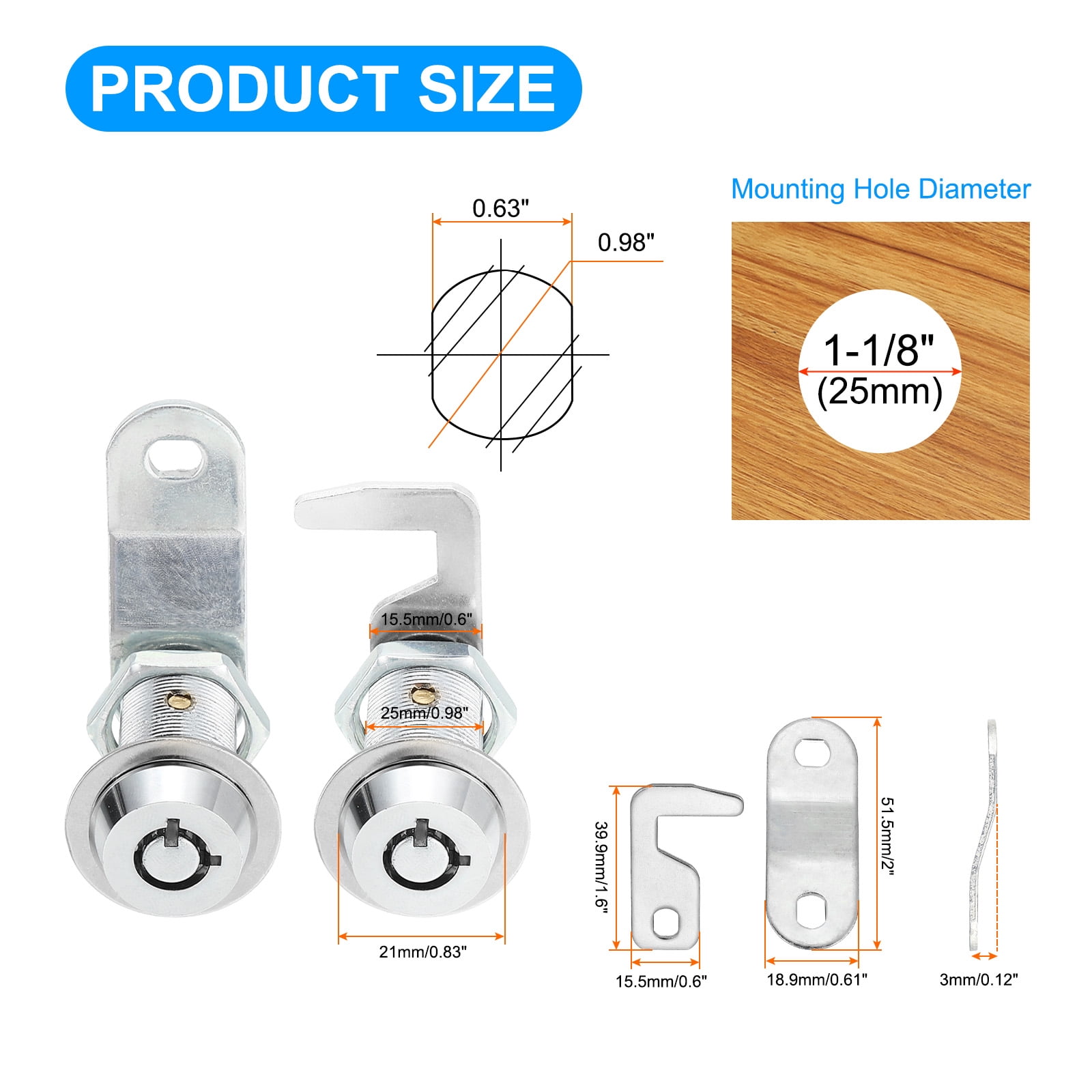 1/8 Inch Cabinet Locks with Iron Key, Cam Replacement Lock Cylinder Toolbox Lock Keyed Alike, Silver 3 Pack