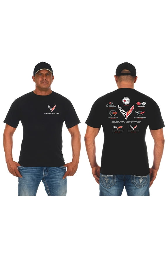 Mens Chevy Corvette T-Shirt C1 Thru C8 Flag Emblems Collage