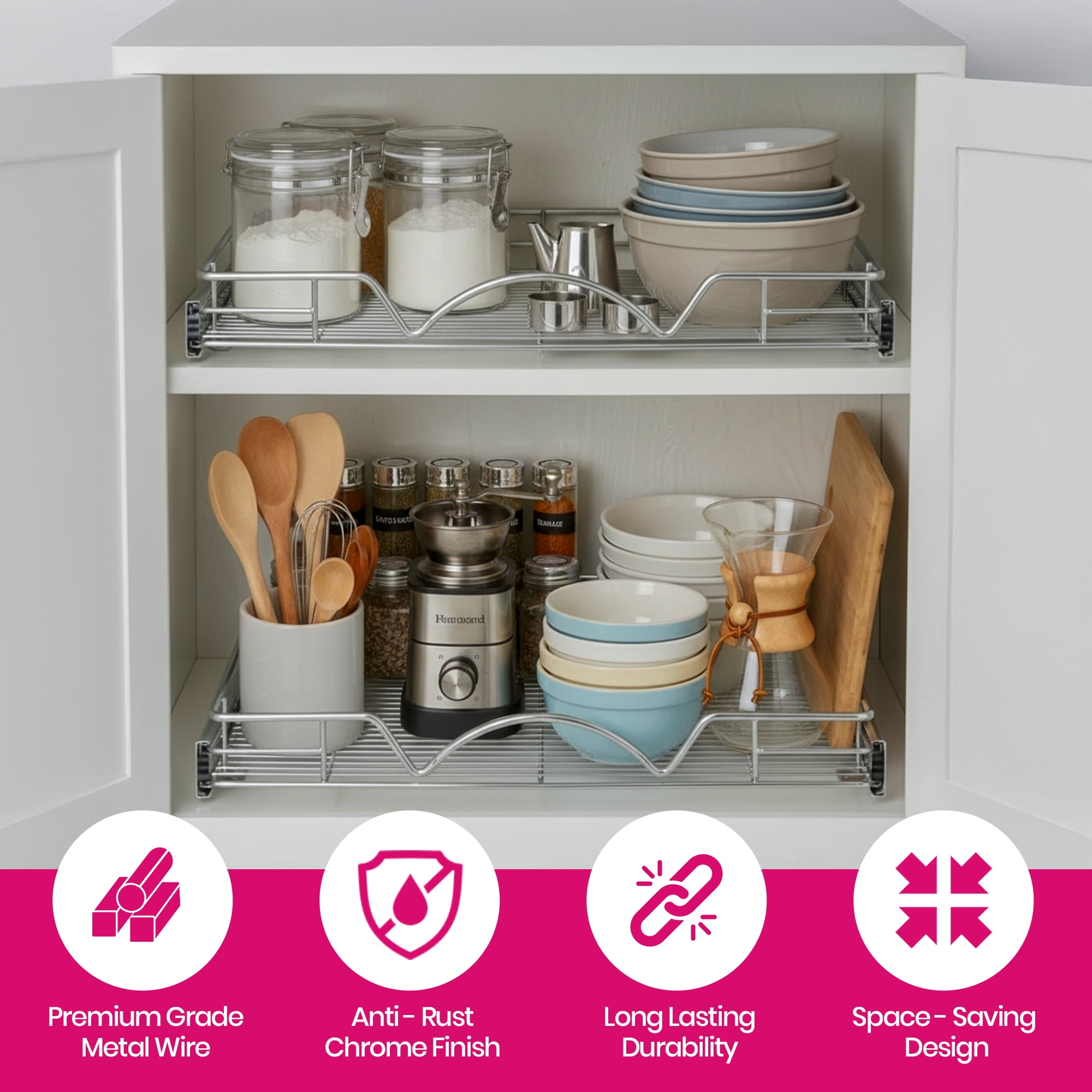 HOLDN' STORAGE Pull Out Cabinet Organizer with Steel Metal Chrome Finish 14”W x 21”D