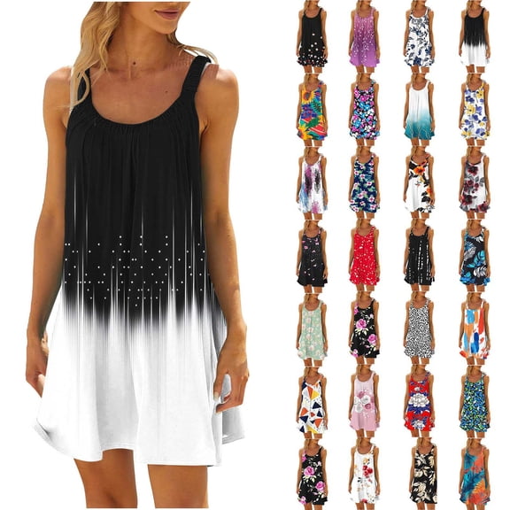 Yertdoel Summer Dresses for Women Fashionable Print Sleeveless Pleats Elastic Crew Neck Loose Beach Dress Outdoor Vacation Casual Soft Mini Sundresses