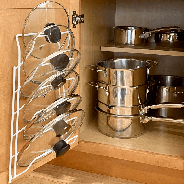 EVELOTS 6 Pot Lid Organizer for Cabinet or Pantry Wall - Cupboard Door Pots  and Pans Organizer - Glass or Metal Pan Covers Cabinet Organizer - Rack  Hanger Dividers 
