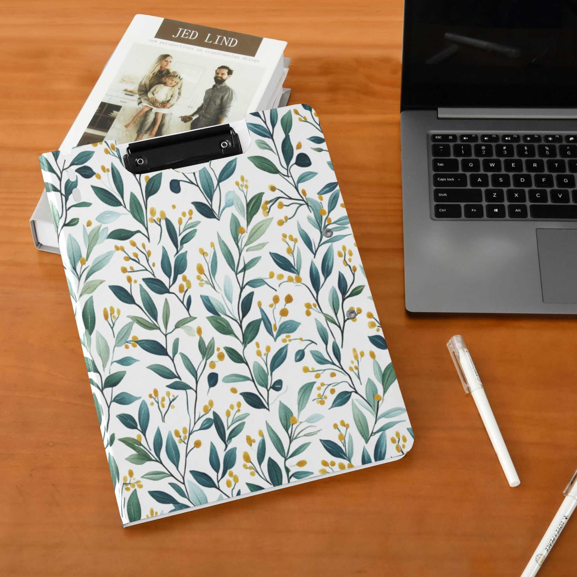 FORMRS A4 Clipboard Folder with Pen Holder Horizontal Foldable School Office Binder, Darker Leafy Pattern