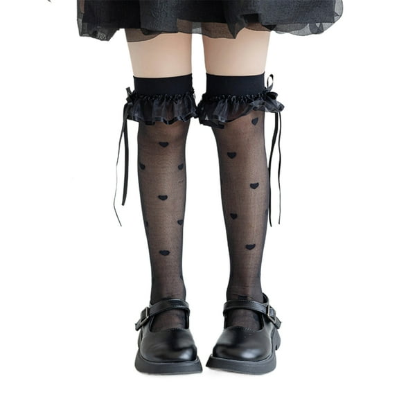 Dress Socks for Spring Antimosquito Knee High Socks for Kids Breathable Lace Trim Ribbon Bows Socks for Girl