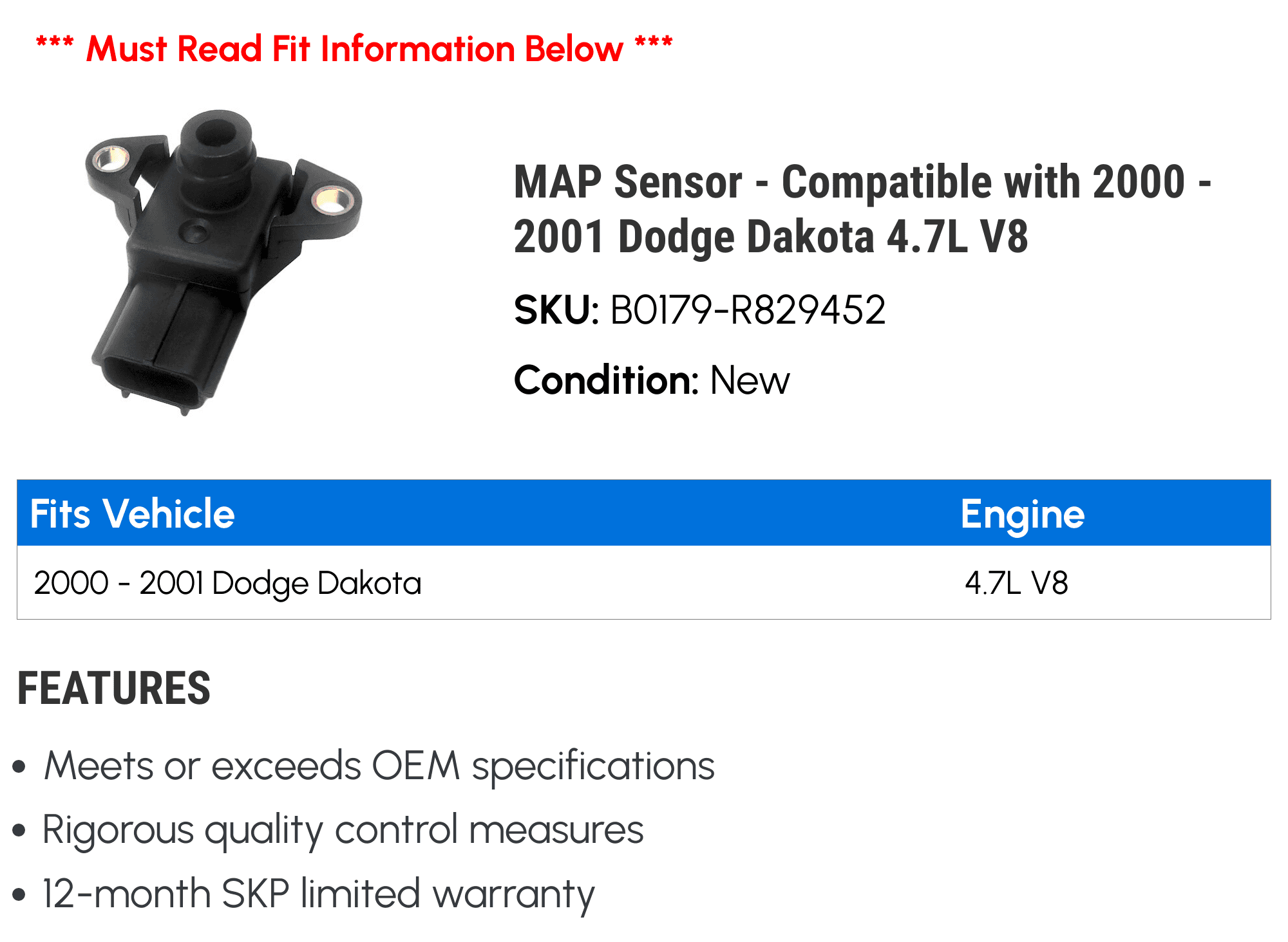 MAP Sensor - Compatible with 2000 - 2001 Dodge Dakota 4.7L V8