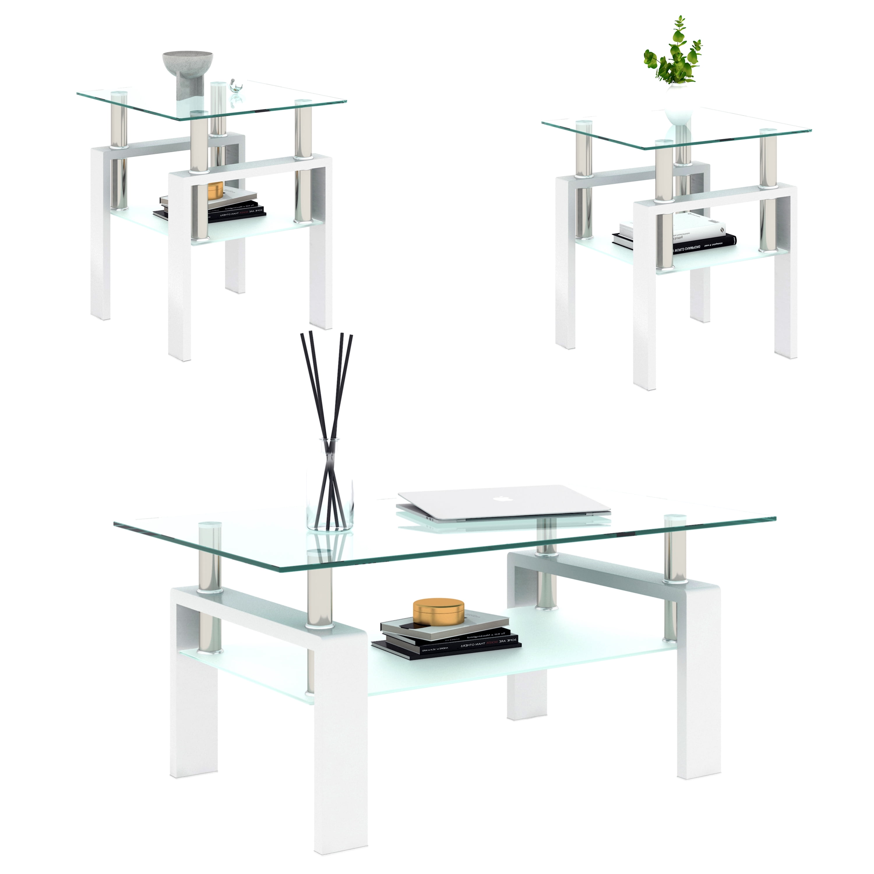 Set of 2 Glass End Tables 17.72 Inch, Modern Square Side Tables with Tempered Glass Top and Metal Legs for Living Room Bedroom, Transparent and White