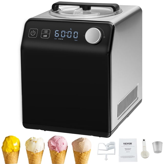 vevor máquina automática vertical para hacer helados con compresor incorporado, máquina de yogur de frutas sin precongelación de 2 cuartos, máquina para hacer sorbetes eléctrica de acero inoxidable, m Vista frontal 3/4 centrada de la máquina VEVOR en acero inoxidable mate con panel frontal negro; pantalla digital azul que muestra 60:00, mando giratorio y botón de encendido; tapa transparente superior con asa y paleta mezcladora desmontable visible; accesorios pequeños y cuatro conos de helado ilustrativos delante; capacidad para 2 cuartos y modos de helado, yogur, enfriamiento y mezcla listos para usar sin precongelación; a menudo usada para preparar porciones caseras en reuniones familiares.