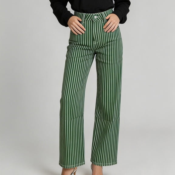 Mifsaly Womens Striped Pants High Waisted Wide Leg Trousers Loose Fit Flattering Everyday Travel Work office Clothes with Pockets Green,L