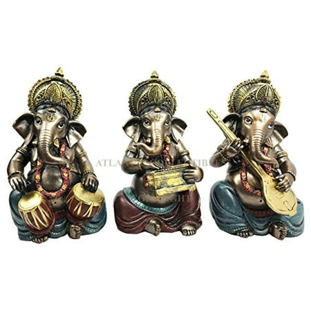 Set of Three Celebration of Life Lord Ganesha Playing Musical Instruments Hindu Elephant God Deity Figurine Eastern Enlightenment Collectible