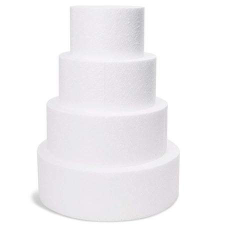 4-Piece Round Foam Cake Dummy For Decorating And Wedding Display, 6, 8, 10, 12 Inches Diameter, Total 16 Inches Tall