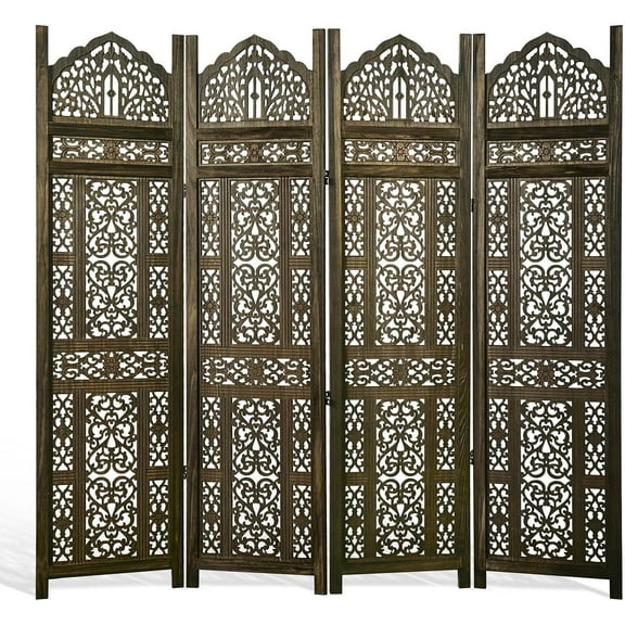 5.75Ft Room Divider Wood Screen, 33Lbs Durable Antiqued Style MDF Carved Headboard, Reversible Freestanding Folding Partition Paravent for Home Terrace, 69 * 71 inch(H*W) - 4 Panels (Antique Brown)