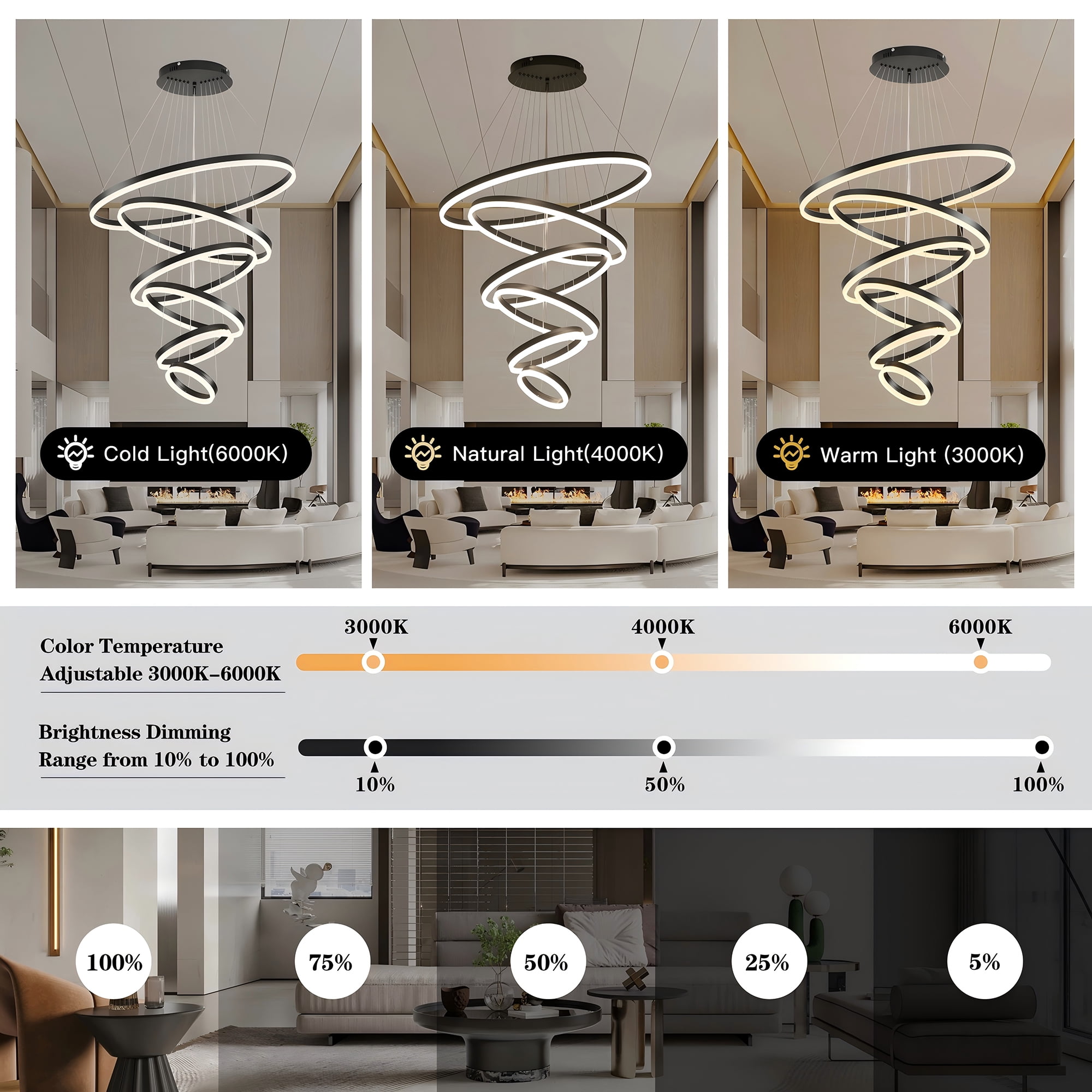 Modern 6-Ring LED Chandelier for High Ceilings, Adjustable Black Pendant Light with Remote, Dimmable Flush Mount Fixture for Foyer, Entryway, Living Room Dining Room