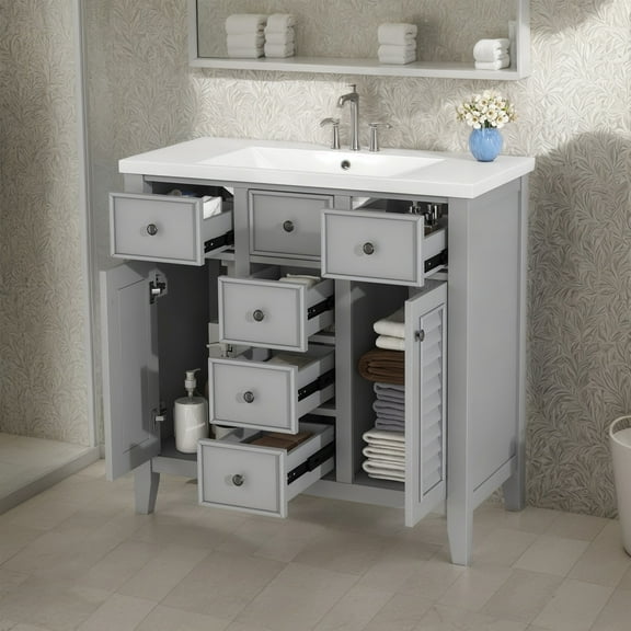 SogesPower 36" Bathroom Vanity with Ceramic Sink, Solid Wood Bathroom Makeup Cabinet with 2 Cabinets and 5 Drawers, Modern FreeStanding Single Basin Vanity Set for Bathroom, Grey