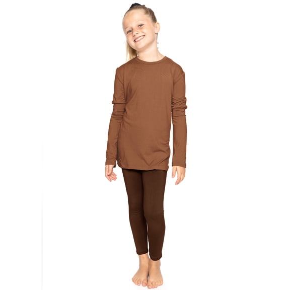 Stretch Is Comfort Girl's Long Sleeve Crew Neck and Leggings Set Almond Top with Brown Leggings Small