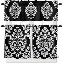 Baroque Sage Green Kitchen Curtains, Vintage Damask Classic Floral 3-Piece Kitchen Curtain Valance and Tiers Set 24 Inch Length, Rod Pocket Half Window Curtains for Cafe Living Room Bathroom