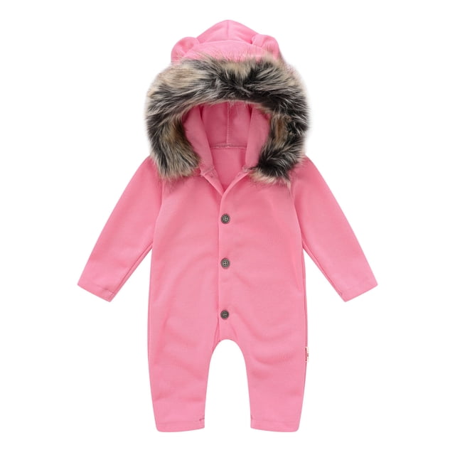 Body De Bebé Canastilla Onesies Para Niño Pequeño Niña Color Sólido De Manga Larga Con Capucha Cuello De Felpa Mono Mameluco Rosa Odeerbi LM103-9970