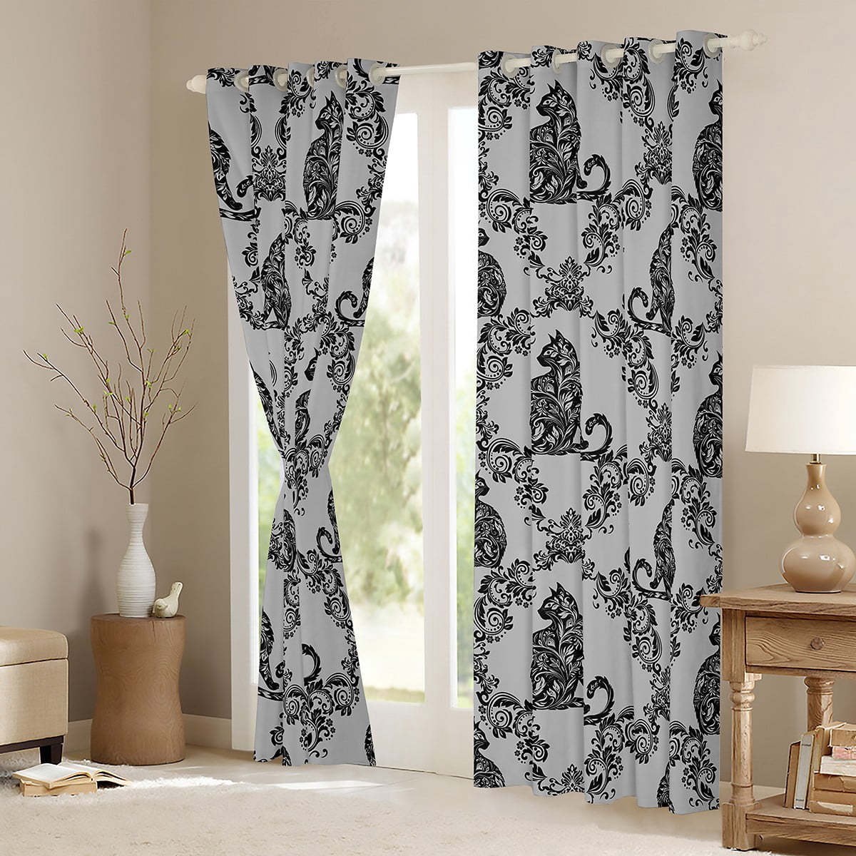 jejeloiu Damask Print Curtains Pack of 2 (42x84 Each),Gothic Flower Curtains Blackout,Black Gray Cat Bedroom Curtains,Breathable Bedroom Decorative