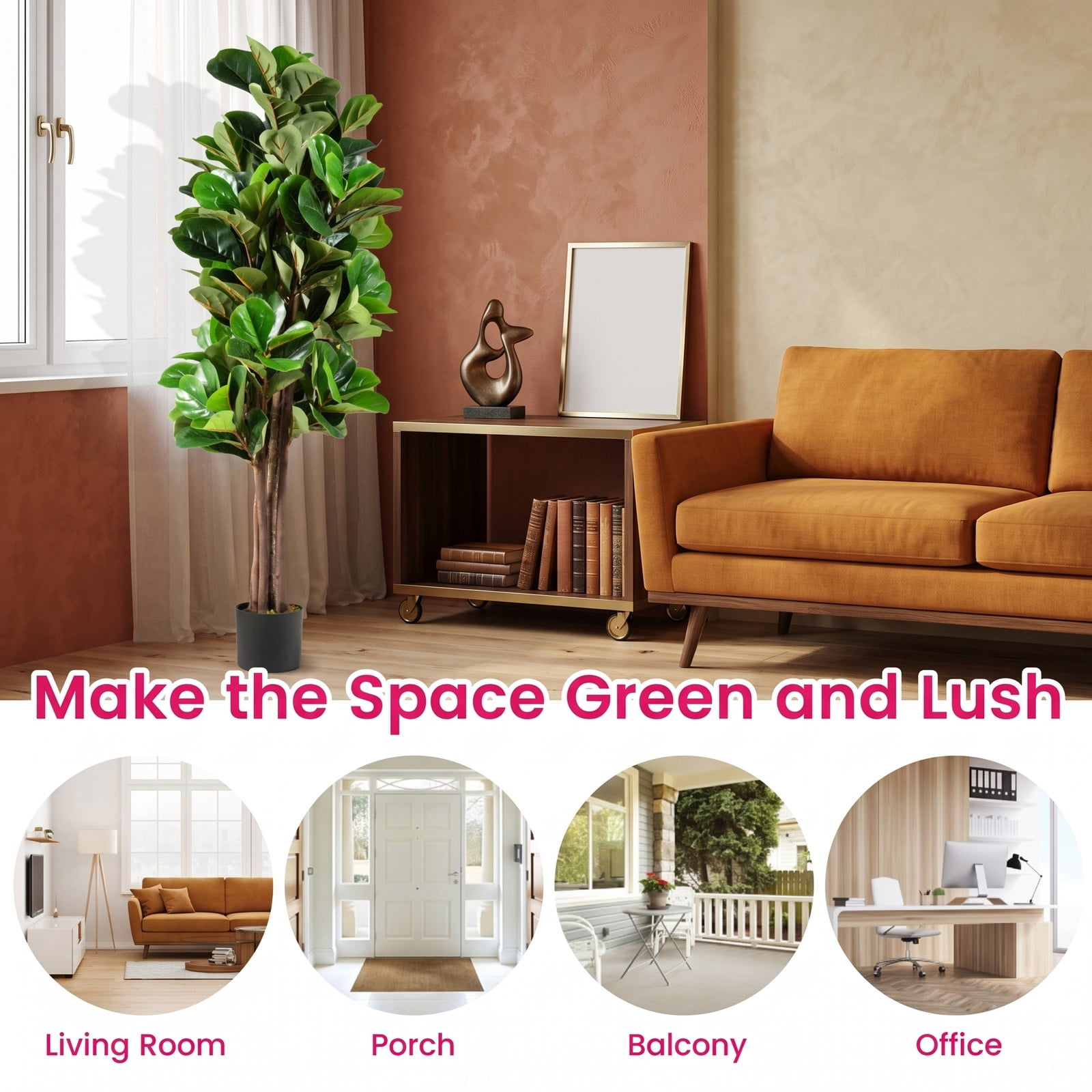 ALPULON 5 FT Artificial Fiddle Leaf Fig Tree, Faux Fig Plant with 180 Leaves and Plastic Planter Pot for Home Office Living Room Indoor Outdoor Decor, Green