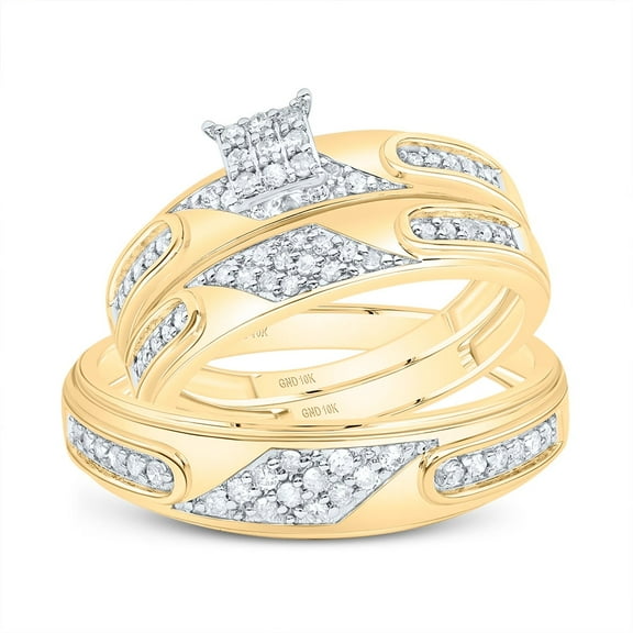10K Yellow Gold Round Cut Diamond Men's Wedding Band & Women's Bridal Set Geometric Square Cluster Matching Trio Set 1/2 CT.