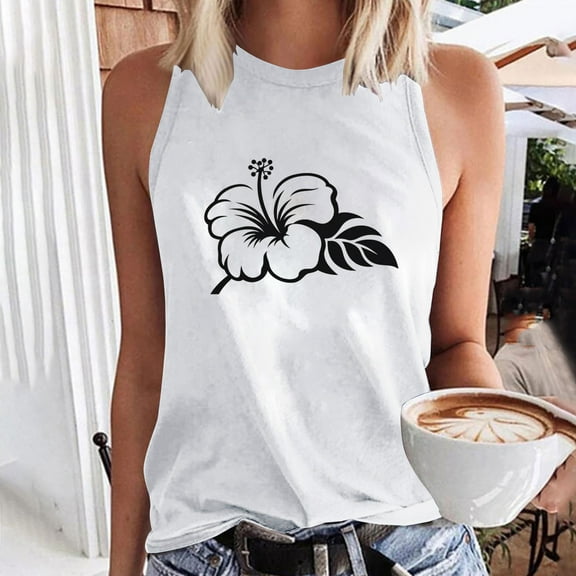 Aloohaidyvio Tank Tops for Women,Women's Casual Flower Print Basic Tank Tops 2024 Round Neck Soft Sleeveless T-shirt Summer Loose Shirts