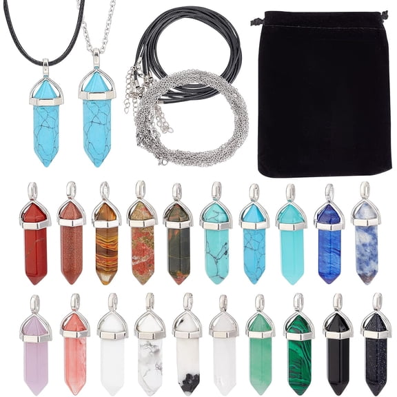 40Pcs DIY Gemstone Pendant Necklaces Making Kits Including Bullet Pendants Waxed Cotton Cord Necklace Making 304 Stainless Steel Women Chain Necklaces Pendants: 36~45x12mm Hole: 3x5mm 20 colors