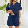thumbnail image 5 of QUNYINEY 2 Piece Comfy Pajamas for Women Set Short Sleeve Blue Shirts And Shorts V Neck with Pockets Drawstring Womens Loungewear Sets, 5 of 8