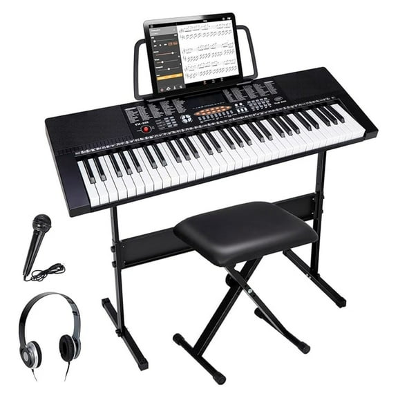 SONGMY 61-Key Portable Electric Keyboard Piano - Complete Set with Stand, Stool, Headphones & Microphone, LED Screen for Beginners & Kids