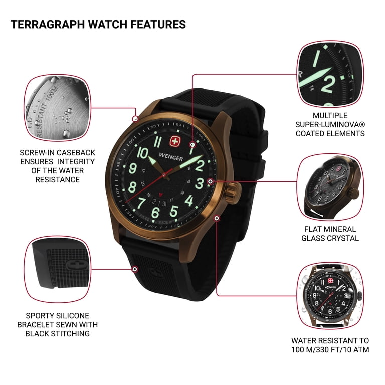 Wenger, Swiss Watch, Bronze, Water-Resistant 330FT with Black Dial