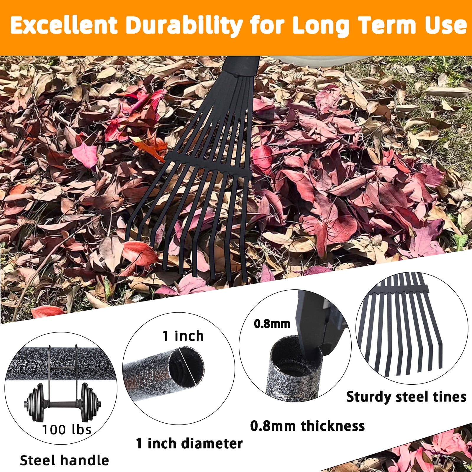 YARTTING Rake for Leaves, Small Garden Rake with Adjustable Long Handle, 9 Tines Metal Narrow Rake for Lawns Yard Flower Bed Mulch Shrub Outdoor Camping