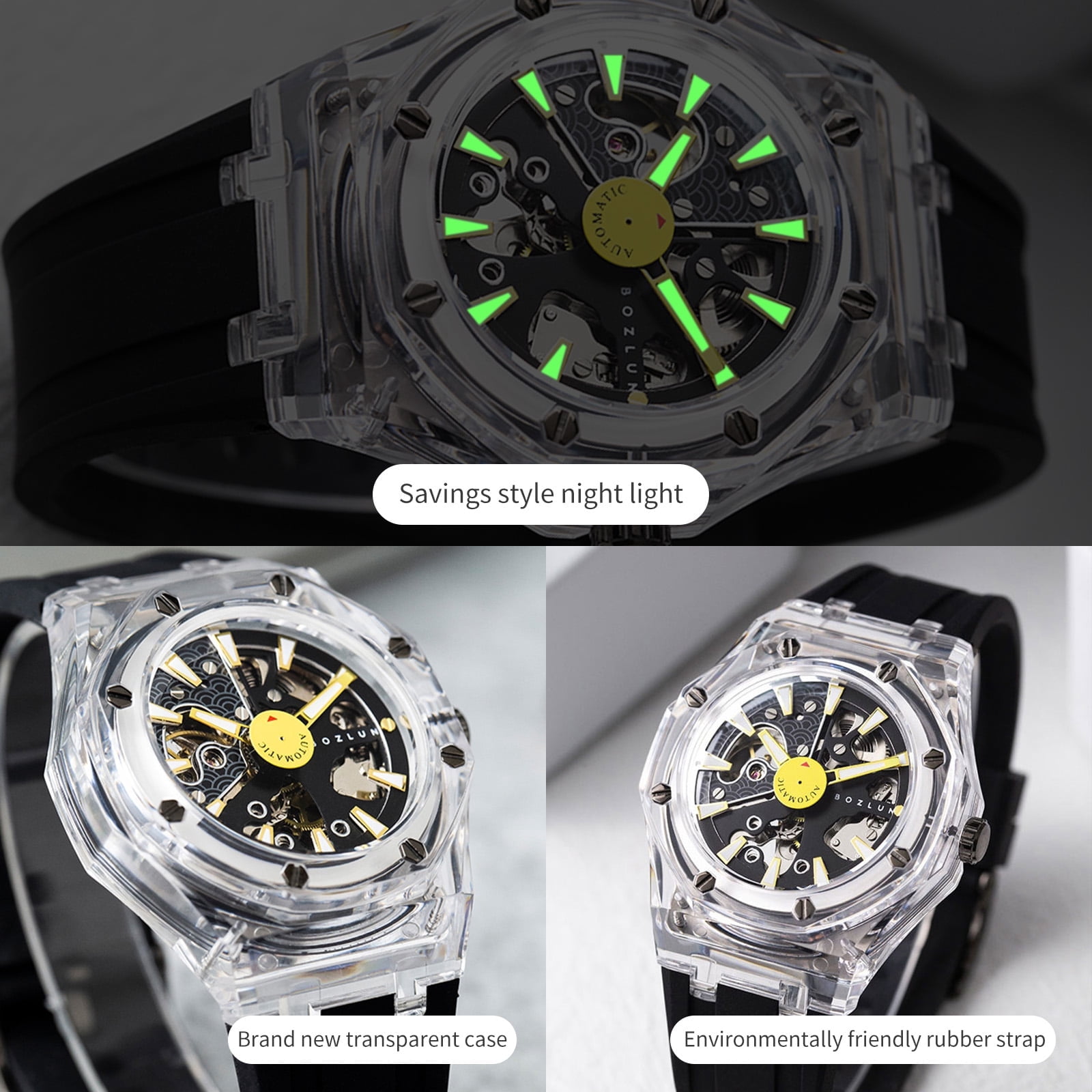 BOZLUN Watches for Men Skeleton Automatic Mechanical Watch Luxury Dress Stainless Steel Waterproof Luminous Wrist Watches